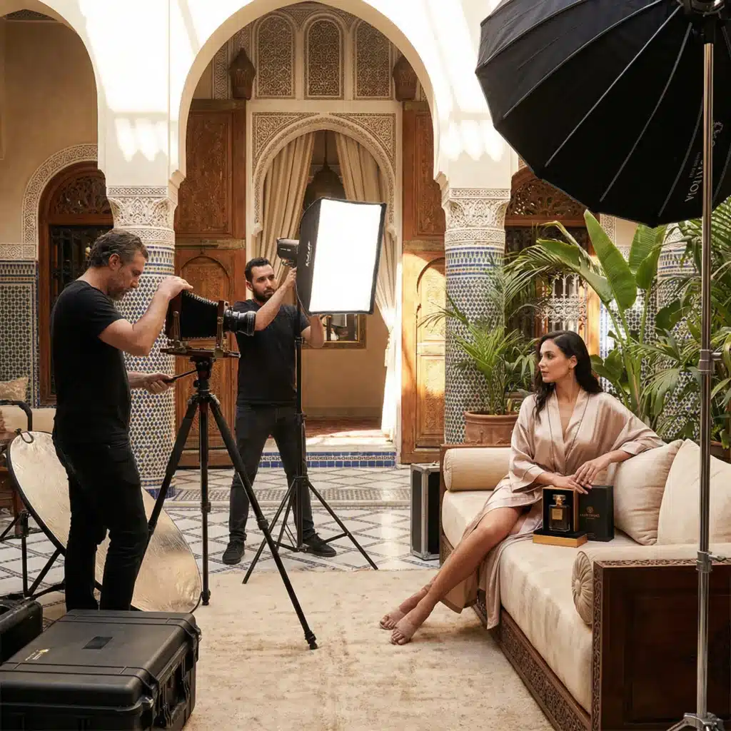 Agence Marketing Maroc : Comment Choisir un Partenaire Digital Performant en 2026 ? 3 Shooting professionnel réalisé par une agence marketing Maroc dans un riad de luxe pour production photo et vidéo publicitaire
